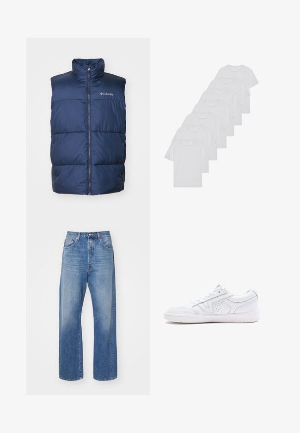 Columbia PUFFECT VEST - Waistcoat - collegiate navy; White cotton T-shirts, short sleeves, crew neck design, plain texture, stacked in a row, with subtle branding at the neckline.; Light blue denim jeans with a straight-leg cut, featuring a button fly, five pockets, and subtle fading on the fabric.; White leather sneaker featuring a low-top design, round toe, perforated detailing, and a textured sole. Laces and subtle stitching accents included.