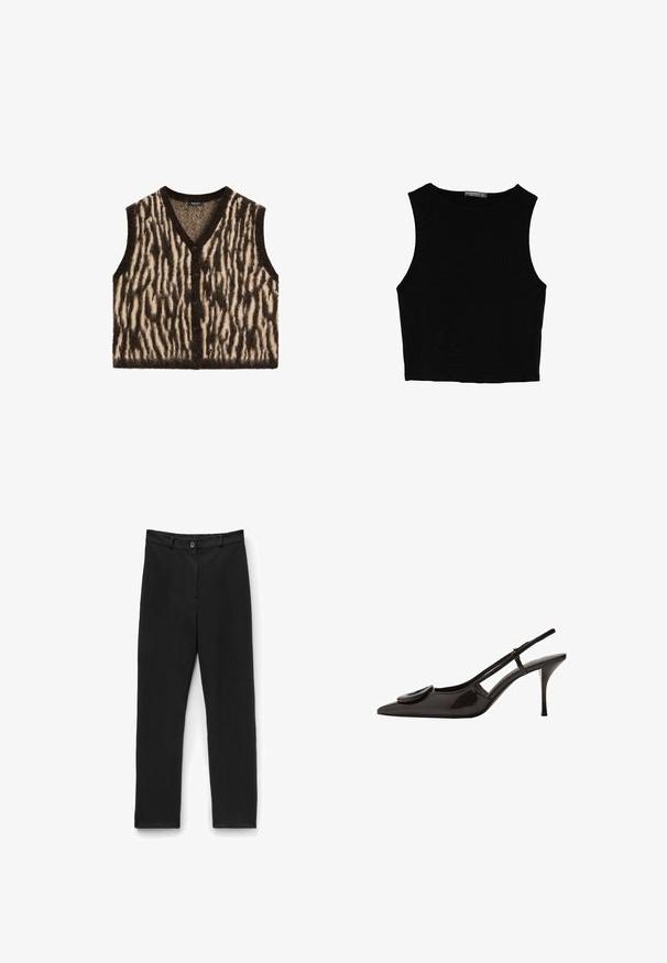Pletená bezrukávová vesta s hnědým a krémovým zebrovým pruhem, výstřihem do V a pěti předními knoflíky. Měkký, strukturovaný materiál.; Černý bezsleeve crop top vyrobený z hladké tkaniny, s kulatým výstřihem a čistým, jednoduchým designem bez vzorů nebo kovových doplňků.; Černé kalhoty vyrobené z hladké tkaniny se střihem rovného nohavice. Mají zapínání na knoflík a standardní pas. Žádné viditelné vzory nebo akcenty.; Černé lakované kožené sandály se špičatou špičkou, minimalistickým designem, malým kulatým akcentem na nártu a štíhlým podpatkem.