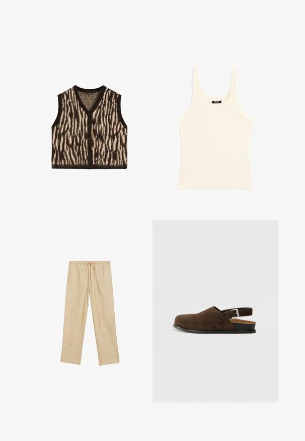 Strik udenærmet vest med et brunt og cremegul zebra-stribet mønster, v-halsudskæring og fem forreste knapper. Blødt, struktureret materiale.; Lys beige tanktop lavet af ribbet stof, med rund halsudskæring og brede stropper, i en tætsiddende pasform og minimal pynt.; Lys beige, løstsiddende bukser med elastisk talje og snøre. Har to sidelommer og en glat overflade.; Brune ruskinds slip-on sko med lav hæl, en justerbar rem med en sølv spænde og en sort gummisål.