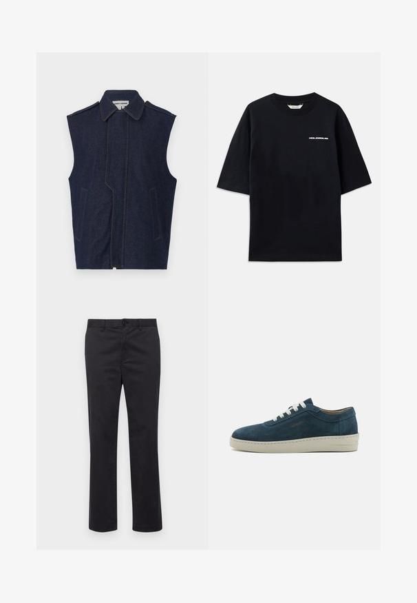 Džinsinė liemenė, tamsiai mėlyna, be rankovių, smailus apykaklė, vertikalus priekinis siūlas, dvi priekinės kišenės, akcentuota kontrastinga geltona siuvimo siūle.; Juodas medvilninis marškinėlis trumpomis rankovėmis, apvaliu iškirpimu ir mažuoju baltu "HOLZWEILER" logotipu priekyje, pasižymintis laisvu siluetu.; Juodi medvilniniai kelniukai tiesaus kirpimo, su sagos uždarymu ir diržo kilpomis. Lygus audinys, be matomų raštų ar akcentų.; Mėlyni zomšiniai sportbačiai su suapvalintu priekiu, baltais raišteliais ir guminėmis padais. Yra subtilių siuvinėjimų ir ženklas ant šono.