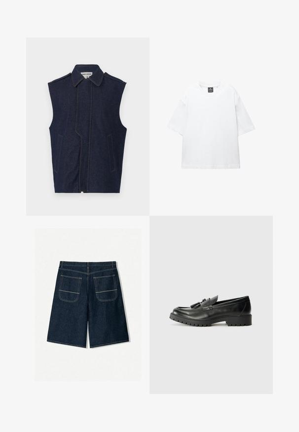 Farmer mellény, sötétkék, ujjatlan dizájn, hegyes gallér, függőleges elülső varrás, két elülső zseb, kontrasztos sárga öltésekkel kiemelve.; Fehér, rövid ujjú póló, pamutból készült, kerek nyakkivágással és laza, egyenes szabással. Nincsenek minták vagy díszítések.; Sötétkék farmer rövidnadrág, laza fit tessékű, két hátzsebbel, kontrasztos varrással. Egyenes szabású és térd alá érő dizájn.; Fekete bőr loaferek lekerekített orral, kiemelkedő varrással és textúrált gumitalppal. Díszítő fémszerelvény található a cipő elején.