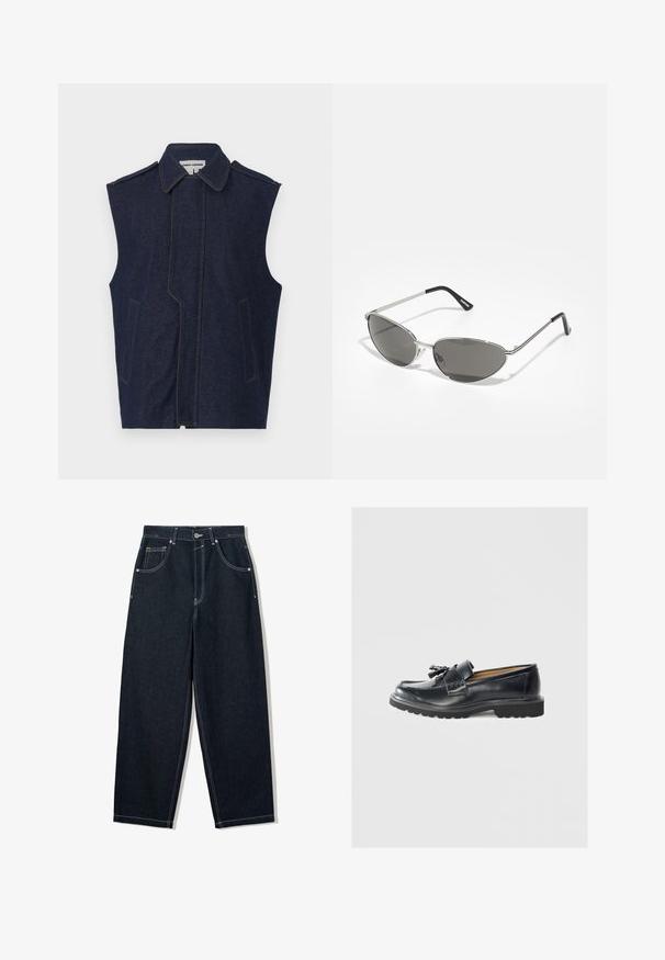 Traper prsluk, tamnoplave boje, bez rukava, s ukošenim ovratnikom, vertikalnim šavom sprijeda, dva prednja džepa, naglašen kontrastnim žutim šavovima.; Bijela majica kratkih rukava od pamuka, s okruglim izrezom i opuštenim krojem sa ravnim rubom. Bez uzoraka ili ukrasa.; Široke tamne traperice s bijelim kontrastnim šavovima, pet džepova i kopčanjem na dugme. Imaju visoki struk.; Crne kožne mokasine s izraženim ravnim potplatom, prošivenim detaljima, ukrasom od resica i glatkim završetkom.; Naočale s modernim srebrnim metalnim okvirom, sivo zaštićenim lećama i aerodinamičnim dizajnom sa oštrim ivicama i tankim nogicama.