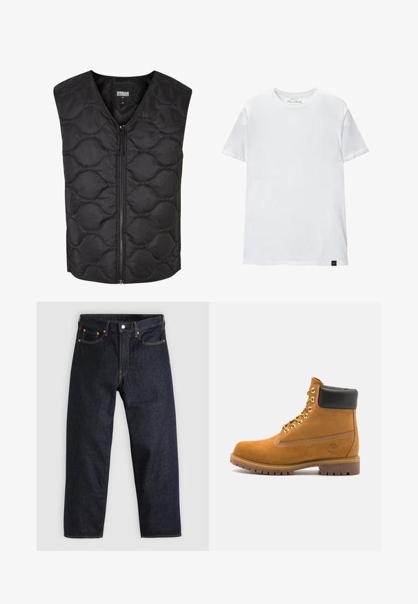 Svart kviltad väst med hög krage, framdragkedja och vågmönstrad sömnad. Tillverkad av mjukt och lätt tyg. Ingen ärm.; Vit muskelpassande t-shirt tillverkad i bomull. Rund hals, korta ärmar, slät textur. Litet svart logotag vid fållen. Enkelt design.; Mörkblå denimjeans med rak passform, fem fickor, kontrasterande orange sömmar och knappgylf. Inga synliga mönster eller dekorationer.; Tan mockasins ankelstövlar med svart vadderad krage, guldmetallöglor, vit sömdekor och slitstöt gummisula med utmärkta mönster.