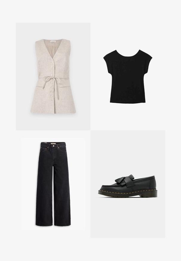 Beżowa lniana sukienka bez rękawów z dekoltem w kształcie litery V, zapięciem na guziki z przodu, pasek wiązany w talii oraz dwiema bocznymi kieszeniami.; Czarny t-shirt z krótkim rękawem o szerokim dekolcie i luźnym kroju. Wykonany z miękkiego materiału bez widocznych wzorów czy zdobień.; Czarne dżinsowe spodnie o szerokich nogawkach, z pięcioma kieszeniami, miedzianymi nitami i klasycznym zapięciem na guzik. Gładka tekstura i prosty design.; Czarne skórzane mokasyny z okrągłym noskiem, z frędzlami i dekoracyjną taśmą z przodu, osadzone na grubej obcasie.