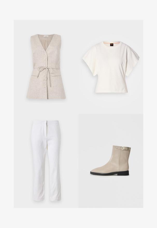 Haljina od bež lana bez rukava s V-izrezom, kopčanjem s gumbima sprijeda, remenom na struku i dva bočna džepa.; Bijeli skraćeni T-shirt, široke kratke rukave, mekani pamučni materijal, okrugli izrez s suptilnim narančastim detaljem, minimalistički dizajn, bez uzoraka ili grafika.; Bijele pamučne hlače ravnog kroja, sa strukom srednje visine i bez vidljivih metalnih dijelova ili uzoraka. Glatka tekstura kroz cijelu dužinu.; Bež kožne čizme do gležnja s šiljastim vrhom, crnom potplatom, niskom petom i zlatnom kopčom s vanjske strane, prikazane na bijeloj pozadini.