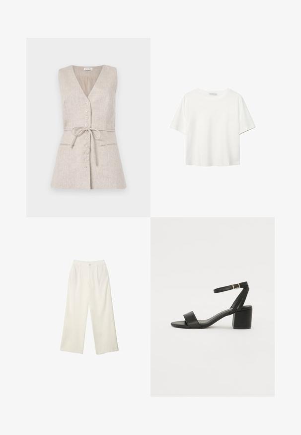Bezramenné béžové lněné šaty s výstřihem do V, knoflíkovým zapínáním vpředu, stahovací šňůrkou v pase a dvěma bočními kapsami.; Bílý krátký rukáv tričko vyrobené z bavlny. Má kulatý výstřih a volný střih. Hladký materiál bez viditelných vzorů nebo akcentů.; Široké kalhoty z krémové látky s hladkým povrchem, s jediným předním knoflíkem, jemnými skladbami a vysokým pasem.; Černé sandály na vysokém podpatku s hladkým koženým svrškem, otevřenou špičkou, širokými předními pásky a nastavitelným páskem kolem kotníku se zlatou přezkou.