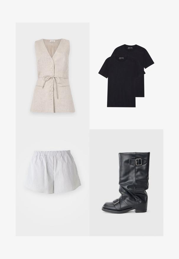 Ärmelloses beiges Leinenkleid mit V-Ausschnitt, Knopfverschluss vorne, bindbarem Gürtel in der Taille und zwei Seitentaschen.; Zwei schwarze Baumwoll-T-Shirts mit Rundhalsausschnitten, kurzen Ärmeln und einer glatten Textur. Jedes Shirt ist identisch und trägt das Markenlabel im Ausschnitt.; Gestreifte Shorts aus hellblauem und weißem Baumwollstoff, ausgestattet mit einem elastischen Bund und einem lockeren Schnitt sowie seitlichen Öffnungen für eine bessere Bewegungsfreiheit.; Schwarzer Lederstiefel mit gefaltetem Schaft, ausgestattet mit zwei silbernen Schnallen. Abgerundete Spitze und ein niedriges, flaches Sohlendesign. Glatte Textur, minimale Details.