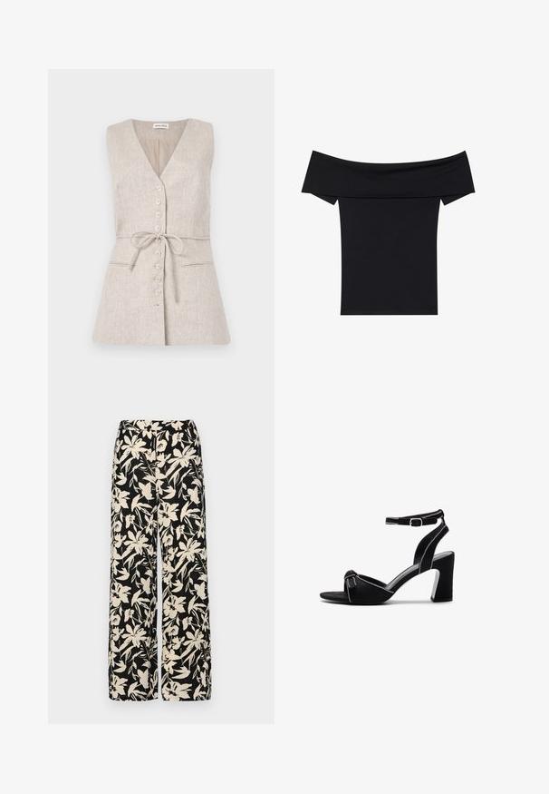 Haljina od bež lana bez rukava s V-izrezom, kopčanjem s gumbima sprijeda, remenom na struku i dva bočna džepa.; Crna majica bez ramena izrađena od mekanog rastezljivog materijala. Ima kratke rukave i prilagođen siluetu. Jednostavan, bezšavni dizajn.; Crne široke hlače s kremastim cvjetnim uzorkom. Izrađene od lagane tkanine, sa glatkom teksturom i visokim pojasom.; Crne antilop sandale na petu s širokim blok petom, podesivim remenom oko gležnja, otvorenim prstima i kontrastnim šavovima.