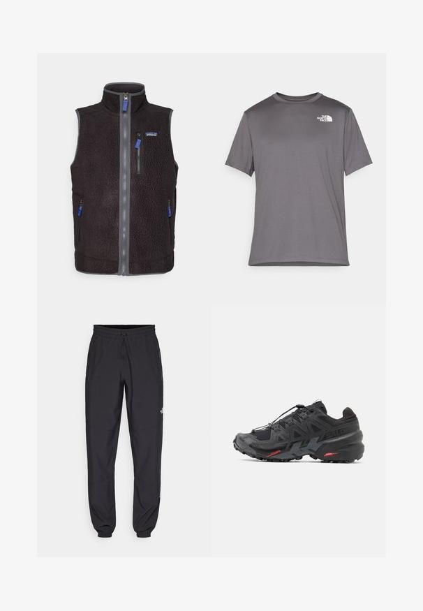 Colete de fleece preto com gola alta, fecho de correr frontal completo, três bolsos com fecho éclair e logótipo da Patagonia no peito esquerdo.; T-shirt atlético cinza de manga curta, feito de um tecido suave e leve. Apresenta um logo branco na área do peito esquerdo. Design de gola redonda.; Calças atléticas pretas feitas de tecido leve, com um cós ajustável por cordão, bolsos laterais e punhos afunilados nos tornozelos.; Sapatilha de corrida preta com parte superior em sintético, design texturizado e detalhes em vermelho contrastante. Apresenta um sistema de atilho seguro e sola robusta.