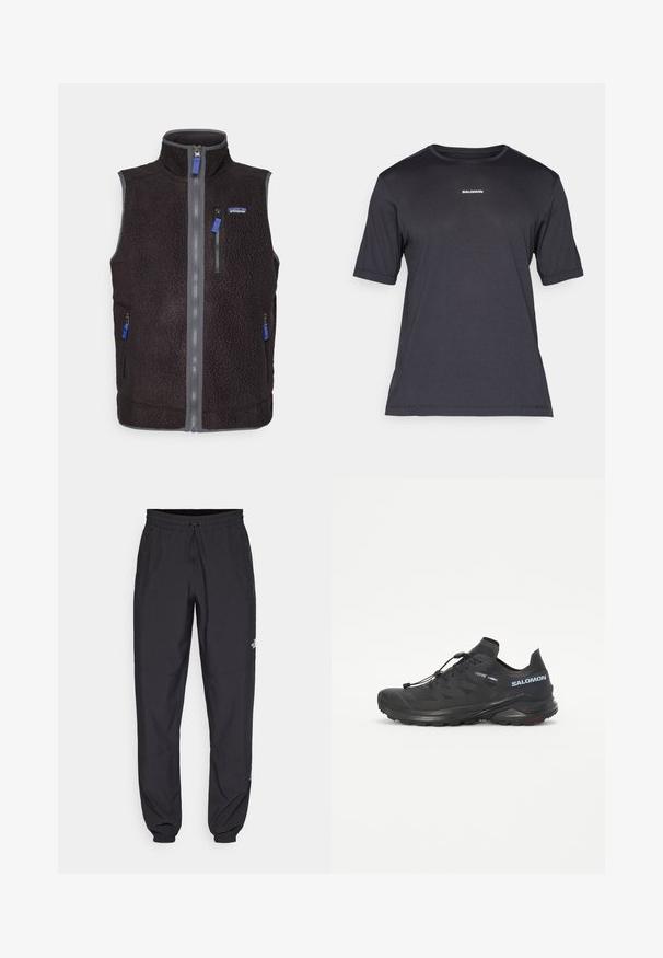 Colete de fleece preto com gola alta, fecho de correr frontal completo, três bolsos com fecho éclair e logótipo da Patagonia no peito esquerdo.; T-shirt de desempenho preta de manga curta, feita de tecido respirável, com decote redondo e pequeno logótipo branco "SALOMON" no peito.; Calças atléticas pretas feitas de tecido leve, com um cós ajustável por cordão, bolsos laterais e punhos afunilados nos tornozelos.; Sapatilha de trail running preta com um upper texturizado, atacadores elásticos e sola Contagrip. Apresenta um ajuste confortável e uma biqueira protetora.