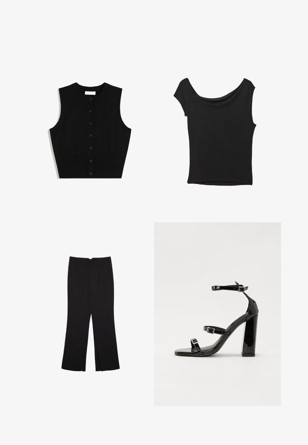 Sorte strikket ærmeløs cardigan med ribbet kant og seks forreste knapper. Har en rund halsudskæring og glat tekstur.; Sort kortærmet top lavet af glat stof; har en draperet halsudskæring og en asymmetrisk kant, med en tætsiddende pasform.; Sorte bukser med lige pasform, der har frontlommer og slidser i kanten. Lavet af blødt, glat stof. Velegnet til forskellige anledninger.; Sorte patenterede hælsandaler med firkantet tå, ankelremme og sølvspænder. Har en chunky blokHæl for stabilitet.