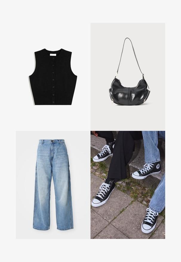 Musta neuleettoman neuletakin, jossa on ribbaushelma ja kuusi etupainiketta. Ominaisuuksiin kuuluu pyöreä pääntie ja sileä rakenne.; Pitkähihaisessa crew-neck paidassa on kerma väri, jossa on vaakasuoria marooniraitoja. Paita on rento malli ja sen kangas on pehmeä ja sileä.; Vaaleansiniset leveälahkeiset farkut, joissa on korkea vyötärö, sivutaskut ja haalistunut pinta, valmistettu denimmateriaalista.; Mustat korkeat kangaslenkkarit, joissa on valkoiset kumipohjat ja nauhat, sivussa on pyöreä logo, ja ne on yhdistetty farkkuihin ja mustiin housuihin.; Mustavihreä puolikuun muotoinen olkalaukku, jossa on hopeiset vetoketjut molemmilla puolilla ja yksi hihna.