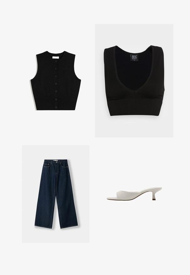 Schwarze gestrickte ärmellose Strickjacke mit geripptem Saum und sechs vorderen Knöpfen. Verfügt über einen runden Ausschnitt und eine glatte Textur.; Schwarzes, geripptes Crop-Top mit breiten Trägern und einem tiefen V-Ausschnitt. Das Etikett trägt die Aufschrift "BDG", Größe S, mit einer glatten Textur und passgenauer Form.; Dunkelblaue, weit geschnittene Jeans aus Denim. Verfügt über fünf Taschen, einen Knopf- und Reißverschluss sowie Kontrastnähte.; Weiße offene Mules mit geschwungenem Design, niedrigem Absatz, glatter Textur und einem dezenten gestickten Muster. Brauner Akzent am Absatzboden.