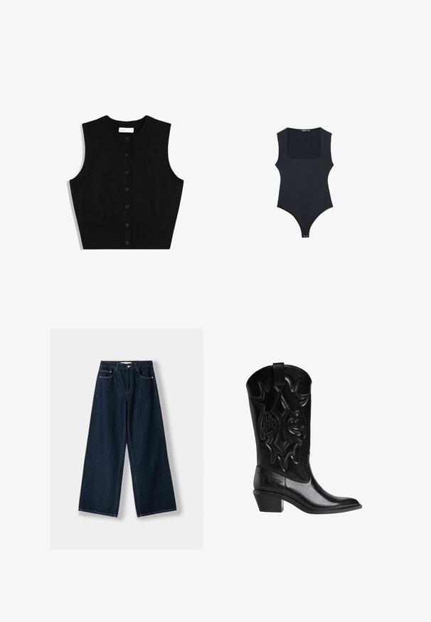 Cardigan senza maniche in maglia nera con orlo a costine e sei bottoni frontali. Caratterizzato da un collo rotondo e da una texture liscia.; Body nero con scollatura quadrata, design senza maniche e retro a perizoma. Realizzato in tessuto liscio ed elastico. Presenta una chiusura a pressione nella parte inferiore.; Jeans larghi blu scuro in denim. Presentano cinque tasche, una chiusura con bottone e cerniera, e dettagli di cuciture a contrasto.; Stivale da cowboy in pelle nera con motivi decorativi cuciti, punta affusolata, tacco angolato di media altezza e fascetta di trazione sulla parte superiore dello stivale.