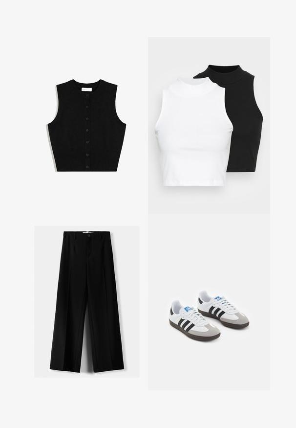 Zwarte gebreide mouwloze cardigan met geribbelde zoom en zes knopen aan de voorkant. Beschikt over een ronde halslijn en een zachte textuur.; Twee mouwloze ribgebreide coltruien in zwart en wit, met een slim fit ontwerp en een gladde textuur, met een cropped lengte.; Zwarte wijde broek van lichtgewicht stof, met een knoopsluiting aan de voorkant en een vlakke achterkant, afgewerkt met keurig gestikte zoom.; Sportschoenen met een witte leren bovenkant, grijze suède neus en drie zwarte strepen. Bevat een blauw logo op de tong en een gestructureerde rubberen zool.
