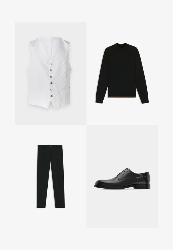 Witte vest met een textuurpatroon, zes zilveren knopen en twee voorzakken. De binnenkant is ook wit, met een klassieke V-hals ontwerp.; Zwarte gebreide trui met lange mouwen en een hoge nek. Bevat een gouden accent aan de zoom. Gladde textuur en getailleerd ontwerp.; Zwarte dresspants met een recht pasvorm, gemaakt van een gladde stof. Heeft een sluiting met een knoop aan de voorkant en ceintuurlussen. Effen zonder patronen.; Zwarte leren dress shoe met een ronde neus, een gladde textuur, minimale naden en een platte zool met subtiele branding op de hiel.