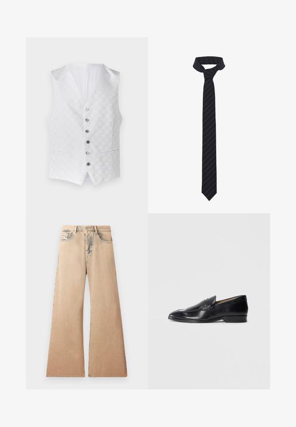 Chaleco blanco con un patrón texturizado, seis botones plateados y dos bolsillos delanteros. El interior también es blanco, con un diseño clásico de escote en V.; Camisa blanca de manga larga hecha de tela texturizada, con un cuello clásico, cierre de botones en la parte delantera y dobladillo recto, con un ajuste relajado.; Jeans de pierna ancha en color beige con textura desgastada, diseño de cinco bolsillos y detalles de costura a lo largo de las costuras. La cintura tiene un cierre tradicional con botón.; Mocasin de piel negra con un acabado suave, punta afilada y un discreto detalle de costura. Presenta un tacón plano y un logo grabado en el costado.; Corbata negra con rayas diagonales azules, hecha de una tela lisa. Presenta un extremo afilado y un lazo anudado en la parte superior.
