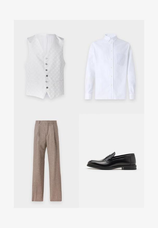 Bílá vesta s texturovaným vzorem, šesti stříbrnými knoflíky a dvěma předními kapsami. Interiér je také bílý, s klasickým designem ve tvaru V.; Bílá dlouhá košile s knoflíky vyrobená z bavlny, která má náprsní kapsu s tónovanou výšivkou, límec a knoflíkové manžety.; Hnědé kalhoty s vysokým pasem vyrobené z texturované látky. Mají široké nohavice a dva přední sklady pro strukturu. Úhledné provedení bez viditelné kovových částí.; Černé kožené polobotky s hladkou texturou, zaoblenou špičkou a zdobným páskem přes nárt. Nízký stohovaný podpatek, minimalistický design.