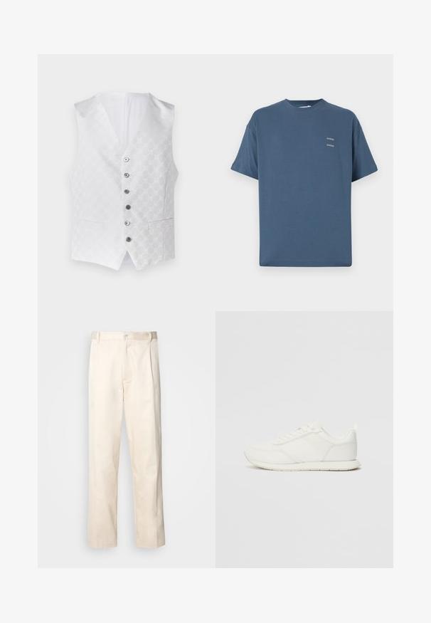 Hvit vest med et teksturert mønster, seks sølvknapper og to frontlommer. Innvendig er også hvit, med et klassisk V-hals design.; Blå bomull t-skjorte med klassisk rund hals, korte ermer, avslappet passform og to små trykte logoer på brystet. Glatt tekstur.; Beige bomullsbukser med rett benfatt, med knappelukking og folder foran for ekstra detaljer.; Hvit sneaker med en mesh- og syntetisk overdel, rund tå, flate lisser og en teksturert sidestropp. Gummisåle med en pull-tab bak.