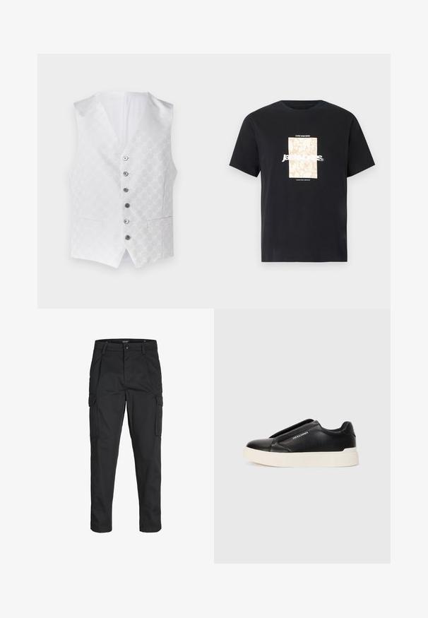 Balta veste ar teksturētu rakstu, sešām sudraba pogām un divām priekšējām kabatām. Iekšpuse ir arī balta, ar klasisku V veida kakla dizainu.; Melna kokvilnas T-kreklā ar apaļu kakla izgriezumu. Priekšpusē ir beigu taisnstūra grafika un balti burti "JAWO", kas ir centrēti. Īsas piedurknes.; Melnas kravas bikses, izgatavotas no izturīga auduma, ar vairākiem kabatām, pogu aizdari un šaura piegriezuma dizainu ar sašaurinātiem kāju apakšiem.; Melna slip-on kedu ar teksturētu ādas augšdaļu, baltu gumijas zoli un bez redzamām šņorcēm. Uz sāna ir zīmola logo.