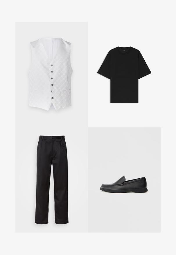 White vest featuring a textured pattern, six silver buttons, and two front pockets. The interior is also white, with a classic V-neck design.; Black short-sleeve crew neck T-shirt with a relaxed fit and a small "BOSS" label on the inside collar.; Black trousers made of smooth fabric, featuring a front button closure, pleats, and straight legs. No visible patterns or accents.; Black leather slip-on loafer with textured upper, rounded toe, low heel, and rubber sole, shown in side profile on white background.