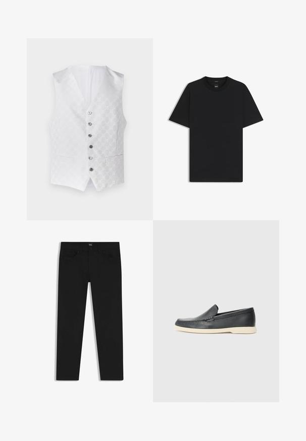 Weißes Weste mit strukturiertem Muster, sechs silbernen Knöpfen und zwei vorderen Taschen. Das Innere ist ebenfalls weiß und hat ein klassisches V-Ausschnitt-Design.; Schwarz T-Shirt mit kurzen Ärmeln aus einem glatten Baumwollmix, mit Rundhalsausschnitt und einem minimalistischen Design ohne Muster oder Akzente.; Schwarze Denim-Hosen mit geradem Schnitt, ausgestattet mit einem Standardbund, fünf Taschen und einem Knopfverschluss. Angenehme, glatte Textur.; Schwarze Leder-Slipper mit strukturiertem Finish und einer kontrastierenden beige Gummisohle. Mit einem dezenten Akzent an der Vorderseite.