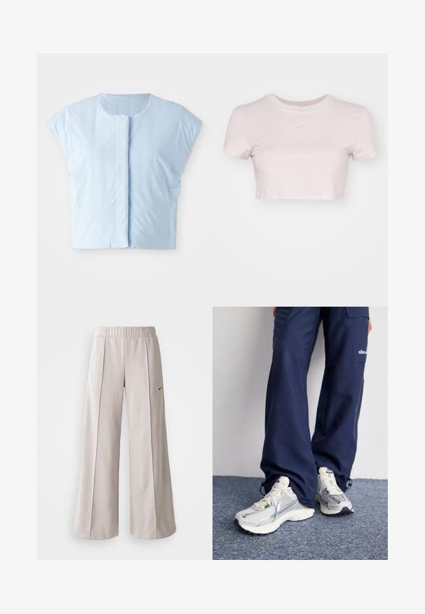 Svijetloplava izrezana majica od glatkog materijala, s okruglim izrezom, kratkim rukavima, prednjim kopčanjem na gumbe i suptilnim šavnim detaljima.; Skraćeni majica u svijetlo ružičastoj boji, izrađena od mekog materijala. Ima okrugli izrez i kratke rukave s malim bijelim Nike logotipom na prsima.; Svijetlosive hlače širokih nogavica od glatkog materijala. Imaju elastičnu traku u struku i crni Nike logo na lijevoj strani.; Nike atletske tenisice sa srebrnom mrežom, bijelim naglascima i strukturiranim potplatima, u kombinaciji s širokim tamnoplavim hlačama.