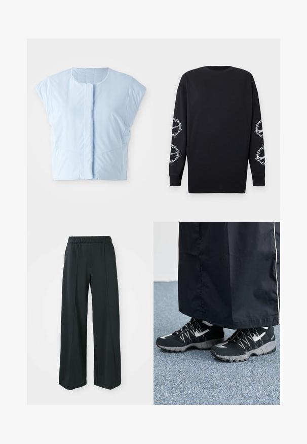 Ljusblå kort ärmad topp i slät tyg, med rund halsringning, korta ärmar, knappstängning fram och subtila sömnadsdetaljer.; Svart långärmad tröja med rund halsringning, prydd med vita grafik av taggtråd och törnen på båda ärmarna.; Svarta, vida idrottsbyxor med resårmidja. Tillverkade av ett slätt, stretchigt tyg som har diskreta framsömmar och inga fickor.; Svarta träningsskor med en texturerad överdel, silverdetaljer och ett mönstrat yttersula, tillsammans med en svart lång klädnad. Mot en blå matta.