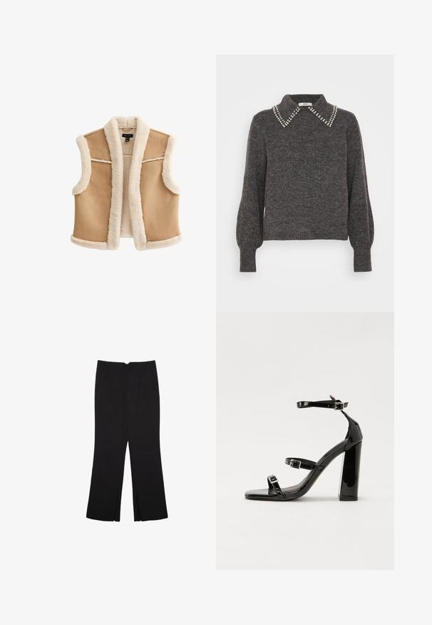 Beige ärmellose Weste mit einem weichen, flauschigen cremefarbenen Futter. Verfügt über einen breiten Kragen und kontrastierende Besätze. Hergestellt aus einem strukturierten, suedeähnlichen Material.; Dunkelgrauer Pullover mit strukturiertem Strick, versehen mit einem Kragen, der mit Perlenakzenten geschmückt ist, sowie schwingenden Ärmeln, gerippten Manschetten und Saum.; Schwarze Hose mit geradem Schnitt, ausgestattet mit Fronttaschen und Seitenschlitzen am Saum. Hergestellt aus weichem, glattem Stoff. Geeignet für verschiedene Anlässe.; Schwarze patentierte Sandalen mit Absatz, quadratischer Spitze, Knöchelriemen und silbernen Schnallen. Mit einem stabilen Blockabsatz für mehr Stabilität.