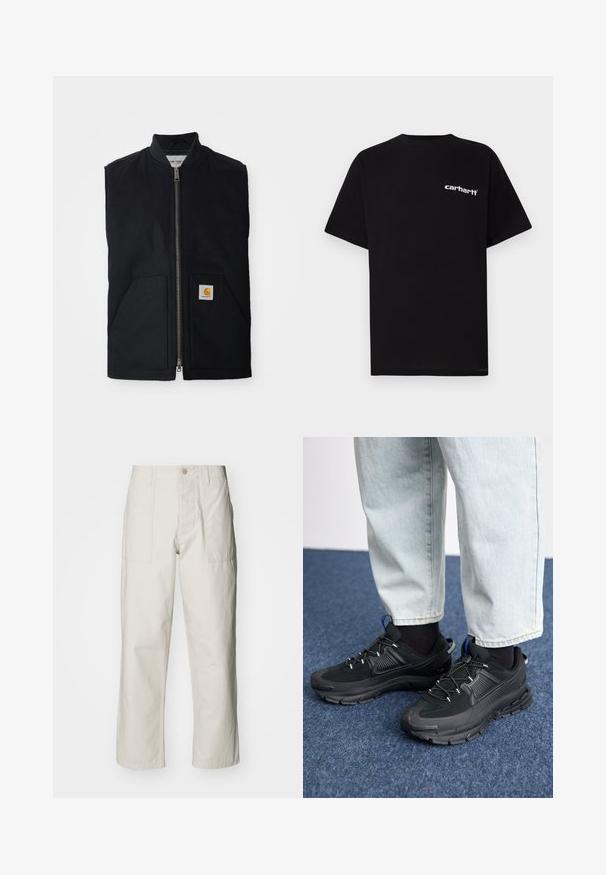 Black sleeveless vest made of durable fabric, featuring a front zipper, two pockets, and a logo patch on the lower right pocket.; Black cotton t-shirt with short sleeves, crew neckline, and white "Carhartt" logo on the left chest. Smooth texture, minimal design.; Light beige wide-leg pants made of cotton. Features front pockets and a button closure. Smooth texture with subtle vertical lines.; Black athletic shoes with textured fabric and rubber soles, featuring elastic laces and a blue accent on the heel. Worn with light denim pants.