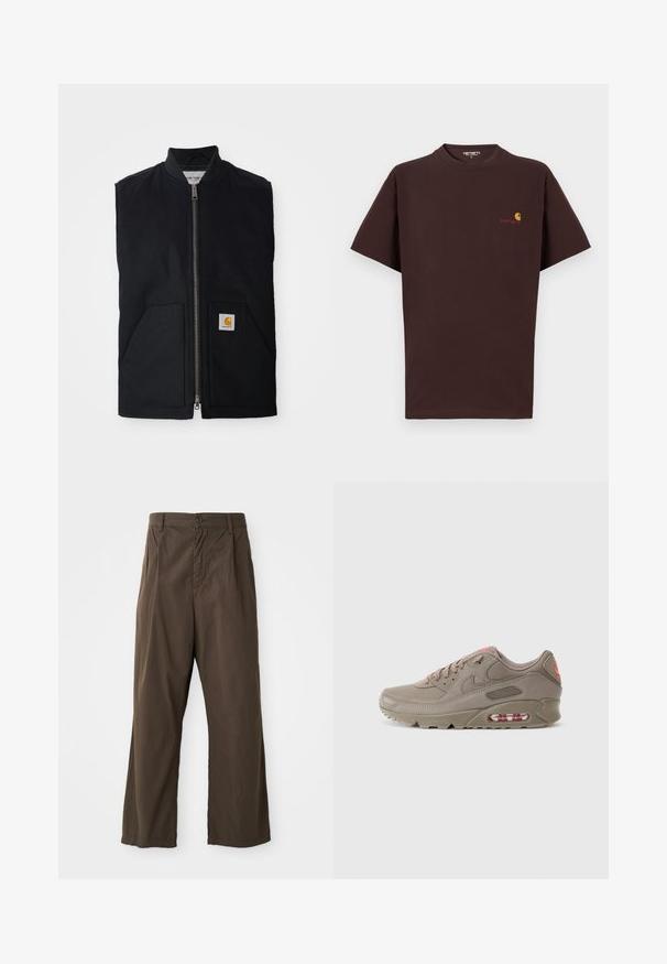 Juodas be rankovių liemenė, pagaminta iš patvarios medžiagos, su priekiniais užtrauktukais, dviem kišenėmis ir logotipo etikete apatine dešine kišenėje.; Ruda medvilnė marškinėliai su trumpomis rankovėmis, apvaliu iškirpimu, kairėje krūtinės pusėje oranžinėmis ir raudonomis logotipo detalėmis, tiesia apačia ir laisvu siluetu.; Rudi, plačios kojos kelnės, pagamintos iš medvilnės, su priekiniais mygtukais, diržo kilpomis ir lygiu, matinio paviršiaus tekstūra.; Nike Air Max sportbačiai šviesiai rudos spalvos, pagaminti iš odos, su tekstūruotais elementais, rožiniais akcentais ir matomu oro amortizatoriumi padais.