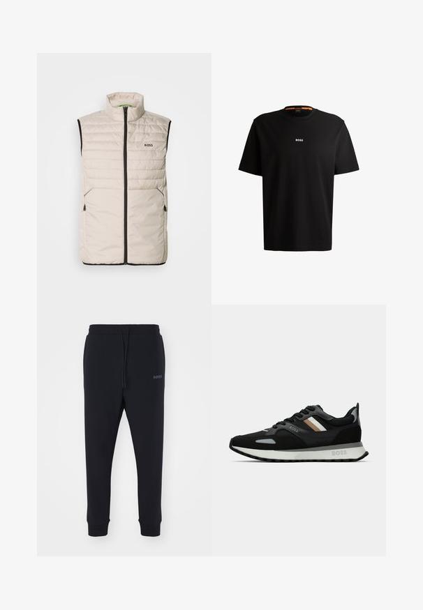 Colete acolchoado sem mangas em bege claro com fecho éclair preto, gola alta, dois bolsos laterais com fecho éclair e logótipo "BOSS" no peito.; T-shirt preta em algodão com gola redonda, mangas curtas e logo branco "BOSS" centrado no peito. Textura suave, corte casual.; Calças de fato pretas feitas de material macio, com uma cintura elástica, cordão e pernas ajustadas. Apresenta um pequeno logotipo de lado.; Shoe de corrida preto com uma superfície texturizada, detalhes cinza claro e três riscas horizontais em castanho. Apresenta uma sola branca acolchoada.