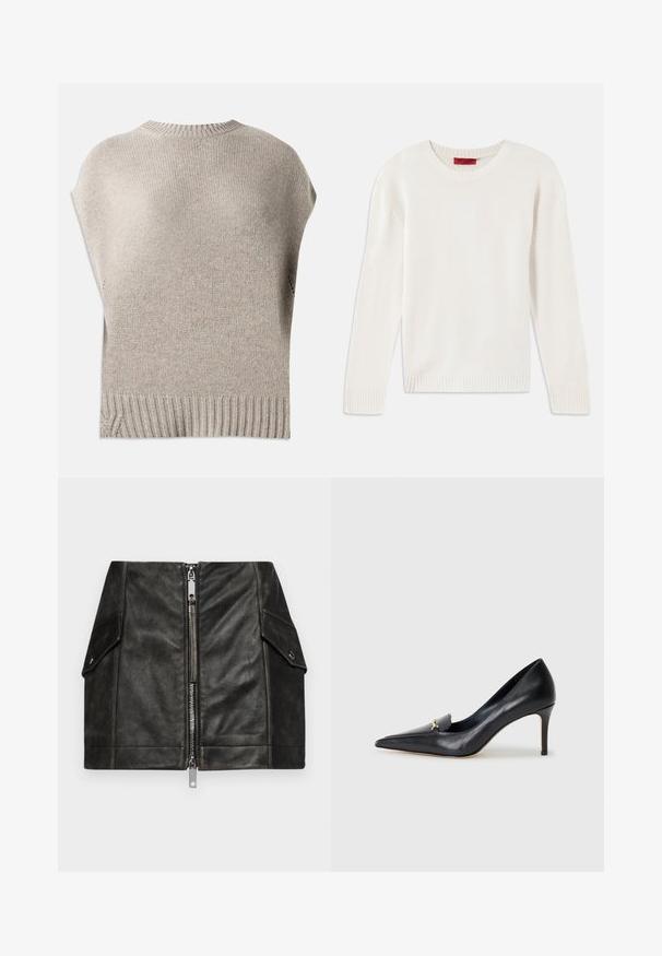 Maglione beige lavorato a maglia con maniche corte, scollatura e orlo a coste. Texture liscia con una vestibilità leggermente morbida, con cuciture laterali vicino all'orlo.; Maglione a maniche lunghe color crema in maglia con collo rotondo e polsini e orlo a costine, steso su uno sfondo bianco.; Camicia fitted a maniche lunghe di colore azzurro chiaro con colletto a punta e bottoni frontali nascosti, vita sagomata e polsini con bottoni.; Gonna mini in pelle nera con zip frontale, due tasche laterali e una texture liscia. Presenta cuciture rinforzate e un design strutturato.; Décolleté in pelle nera con punta affusolata, scollatura bassa e un accento decorativo dorato. Presenta un tacco a stiletto e una superficie liscia.