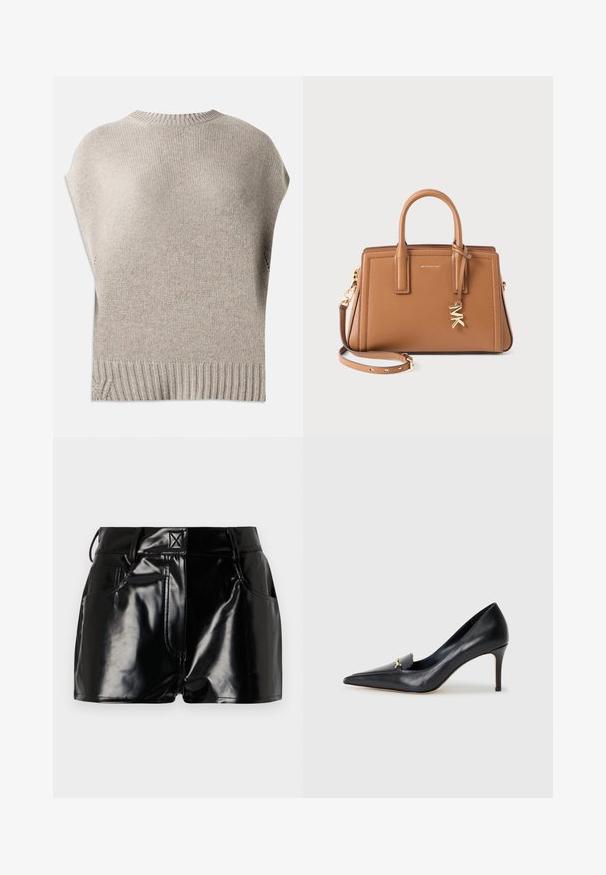 Beige kötött pulóver rövid ujjakkal, bordás nyakkal és szegéllyel. Simaság jellemzi, kissé laza szabású, az alsó szegély közelében oldalsó varrással.; Tej bézs színű, hosszú ujjú kötött pulóver, kerek nyakkal, bordázott mandzsettával és aljjal, fehér háttéren kifektetve.; Világoskék, hosszú ujjú, fitted ing, hegyes gallérral és rejtett elől gombokkal, szabott derékkal és gombos mandzsettával.; Fekete, fényes sort szintetikus anyagból. Jellemzője a fitted derék, övhurkok és elülső zsebek jellegzetes varrási részletekkel.; Fekete bőr magassarkú cipő hegyes orral, alacsony dekoltázzsal és díszes arany részlettel. Stiletto sarokkal és sima felülettel rendelkezik.; Barna bőr kézitáska dupla füllel, levehető pánttal, arany színű "MK" charm-mal és Michael Kors logóval az elülső részen.