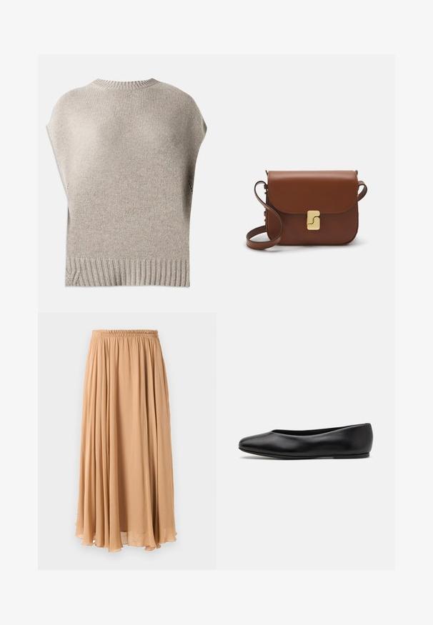 Sweater de malha bege com mangas curtas, decote e bainha canelados. Textura suave com um ajuste ligeiramente solto, apresentando costuras laterais perto da bainha.; Sweater cropped de cor bege claro com gola alta com fecho, apresentando um padrão texturizado e mangas e bainha caneladas. Combina materiais tricotados e tecidos.; Saias maxi em bege claro, feitas de tecido leve. Apresenta um cós elástico franzido e pregas suaves para maior movimento.; Paul Smith TOPANGA - Sabrinas - black; Bolsa de couro castanho com fecho de aba, decoração em tom dourado, alça de ombro e textura suave. Formato retangular compacto.