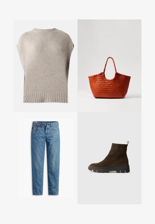 Pulover bej tricotat cu mâneci scurte, guler și tiv cu dungi. Textură netedă și o croială ușor lejeră, cu cusături laterale aproape de tiv.; Pulover bej dintr-un material tricotat, cu guler înalt, închidere cu fermoar și manșete și tiv nervurate. Textura include fire mai închise la culoare pe alocuri.; Jeans din denim albastru cu croi drept, prezentând un fermoar, două buzunare frontale și o decolorare subtilă pe întreaga țesătură.; Botină din suede maro, cu o talpă din cauciuc negru masiv, având un toc ușor și o bandă de prindere în spate pentru a fi ușor de îmbrăcat.; DRAGON DIFFUSION NANTUCKET BASKET BIG - Geantă de mână - naranja