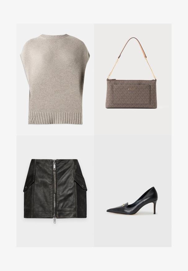 Bež pulover iz pletene tkanine s kratkimi rokavi, rebrastim ovratnikom in robom. Gladka tekstura s nekoliko ohlapnim krojem, ki ima stranske šive blizu roba.; Svetlo modra dolgosleeve prilegajoča srajca s koničastim ovratnikom in skritimi sprednjimi gumbi, prilagojena v pasu in z gumbi na manšeti.; Črna usnjena mini krilo s sprednjim zadrgo, dvema stranskima žepoma in gladko teksturo. Ima ojačane šive in strukturirano zasnovo.; Črne usnjene pumpe s špicastim nosom, nizkim vampom in dekorativnim zlatim akcentom. Imajo stiletto peto in gladko teksturo.; Rjava pravokotna torba Michael Kors z ponavljajočim se vzorcem logotipa, zlatim verižastim trakom z usnjeno podlogo za ramo in sprednjim žepom z imenom blagovne znamke.