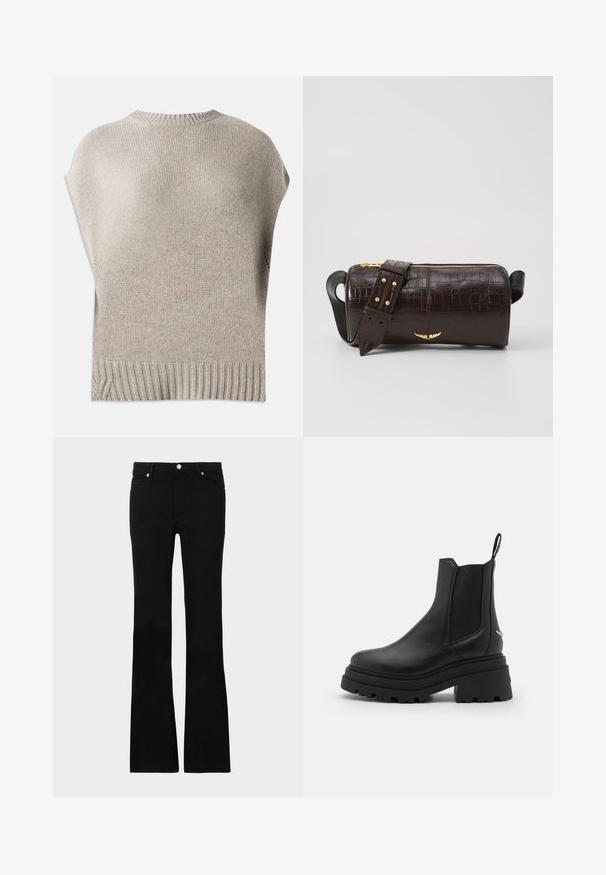 Beige kötött pulóver rövid ujjakkal, bordás nyakkal és szegéllyel. Simaság jellemzi, kissé laza szabású, az alsó szegély közelében oldalsó varrással.; Fekete blúz puha anyagból, fűzős nyakkivágással és virágmintával. Hosszú, puffos ujjai és laza szabása teszi teljessé a designt.; Fekete, bővülő szárú farmernadrág, két elülső zsebből áll, gombos záródással és sima textúrával rendelkezik. A varrásoknál látható a jellegzetes öltés.; Fekete Chelsea csizmák sima bőrből, rugalmas oldalsó panelekkel, vastag, bordázott gumitalppal és hátsó húzófüllel.; Barna krokodilbőr hatású bőr táska henger alakú, arany tónusú fémveretekkel és lecsatolható, szegecsekkel díszített pánttal.