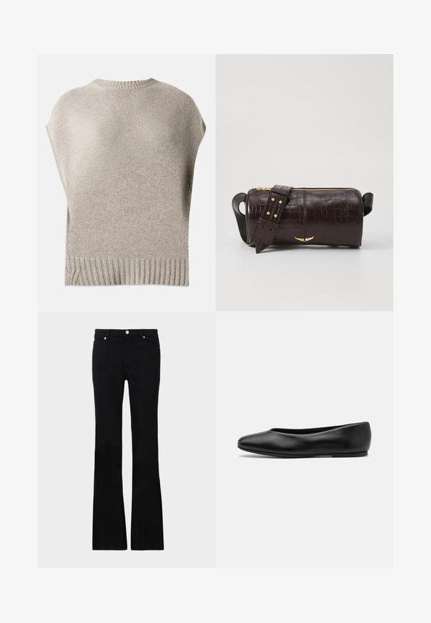 Beige knitted sweater with short sleeves, ribbed neckline and hem. Smooth texture with a slightly loose fit, featuring side seams near the hem.; Black blouse made of soft fabric, featuring a lace-up neckline and floral pattern. Long, puffed sleeves and a relaxed fit complete the design.; Black flared jeans made of denim, featuring two front pockets, a button closure, and a smooth texture. Signature stitching visible at seams.; Paul Smith TOPANGA - Ballet pumps - black; Brown crocodile-embossed leather bag with a cylindrical shape, gold-tone hardware, and a detachable strap featuring studs.