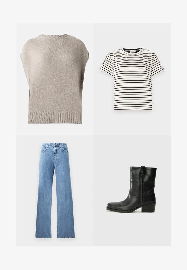 Béžový pletený svetr s krátkými rukávy, žebrovaným výstřihem a lemem. Hladká textura se mírně volným střihem, s bočními švy blízko lemu.; Bavlněné tričko s krátkým rukávem a kulatým výstřihem, s černými vertikálními pruhy na bílém pozadí a s rovného střihu.; Světle modré džíny s širokým střihem, pěti kapsami, poutky na opasek a zapínáním na knoflík. Látka má hladkou texturu.; Černá kožená kotníková bota s kulatou špičkou, blokovým podpatkem, bočním zipem a prošíváním na svršku. Hladký povrch, klasický design.