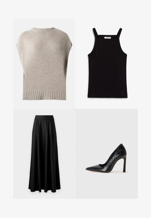 Bežani pleteni džemper s kratkim rukavima, rebrastim izrezom i rubom. Glatka tekstura s lagano širokim krojem, s bočnim šavovima blizu ruba.; Crna majica bez rukava s tankim trakama, izrađena od rebraste tkanine, s ravnim krojem i etiketom na izrezu koja glasi "IVY OAK."; Crna suknja do poda s glatkom teksturom, širokim pojasom i nabranim dizajnom, bez vidljivih uzoraka ili ukrašavanja.; Crne visoke potpetice s oštrim prstima, od teksture krokodilske kože, elegantnog dizajna, visoke stiletto potpetice i glatkog crnog unutrašnjosti.
