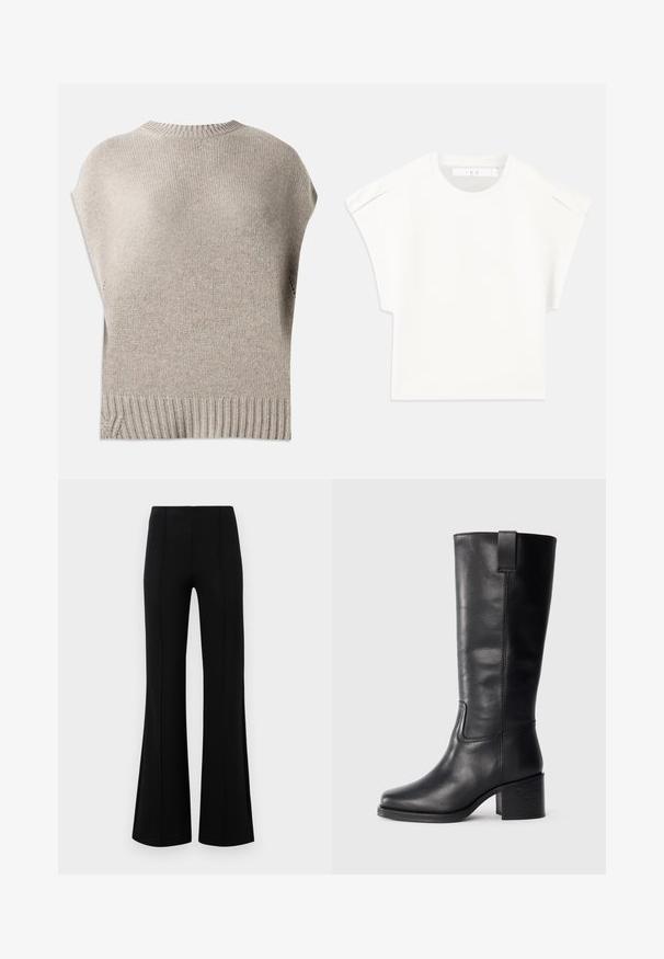 Beesid kootud sviiter lühikeste varrukatega, ribikrae ja äärtega. Sile tekstuur, veidi lõtv sobivus, külgõmblustega äärte lähedal.; Valge kastikujuline T-särk lühikeste varrukatega. Valmistatud siledast kangast, millel on ümmargune kaelus ja diskreetne õlavarre aktsent. Lihtne disain.; Mustad põlvpüksid kõrge vöökohaga, valmistatud venivast kangast. Esiküljel on vertikaalsed õmblusdetailid ja sile tekstuur.; Musthave mustad nahktoodete bikiinibootid, millel on sile pind, ruudukujuline varvas, plokk-kand ja külgmine tõmbeaas, minimaalse õmblusega detailid.