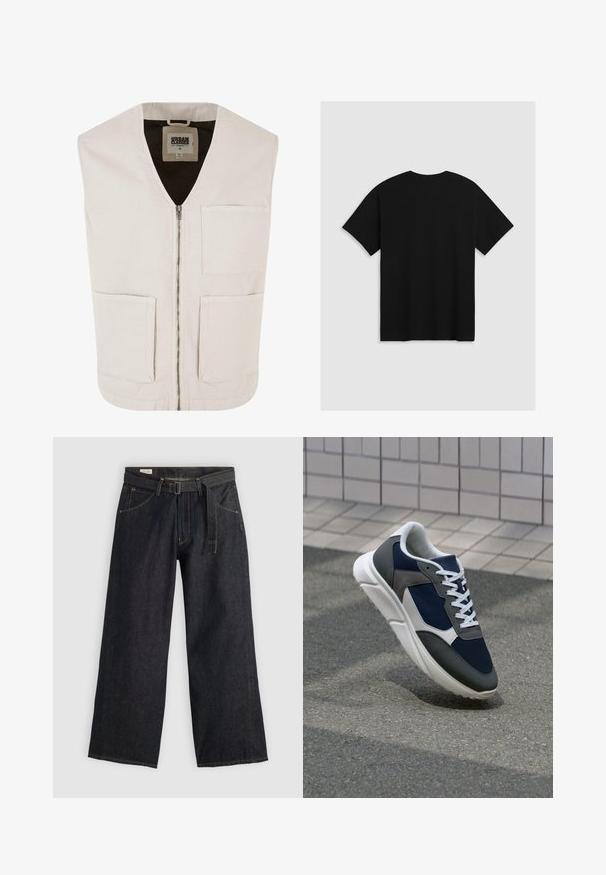 Chaleco sin mangas de color beige claro con escote en V, cierre frontal y dos grandes bolsillos frontales. Fabricado en algodón orgánico con una textura suave.; Levi's® BOXTAB - Camiseta estampada - boxtab in black bas; Pantalones de mezclilla oscuros de pierna ancha con cintura ajustada, que cuentan con bolsillos frontales y costuras en contraste. Textura suave con un diseño limpio.; Zapatillas con una parte superior de malla azul marino, detalles en gamuza gris, suela de goma blanca y cordones blancos planos, diseñadas para la comodidad y transpirabilidad.