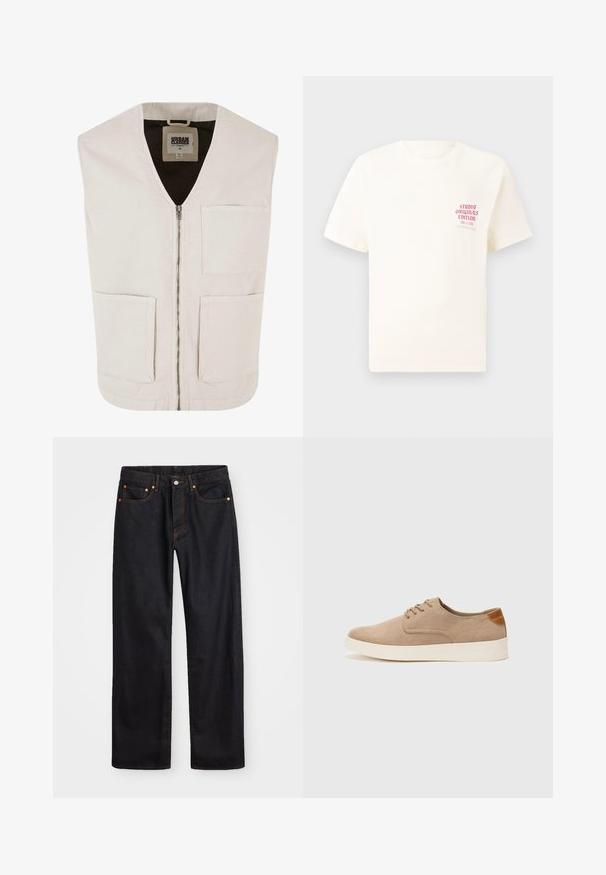 Light beige sleeveless vest with a V-neck, front zipper, and two large front pockets. Made of organic cotton with a smooth texture.; White short-sleeve T-shirt with red text "Studio Originals Edition" on left chest, displayed on a neutral gray background.; Men’s straight-leg black denim jeans with five pockets and orange stitching, button and zip closure on front waistband.; Beige suede sneakers with a rounded toe, lace-up front, and a textured back accent. White rubber sole provides contrast. Simple and modern design.