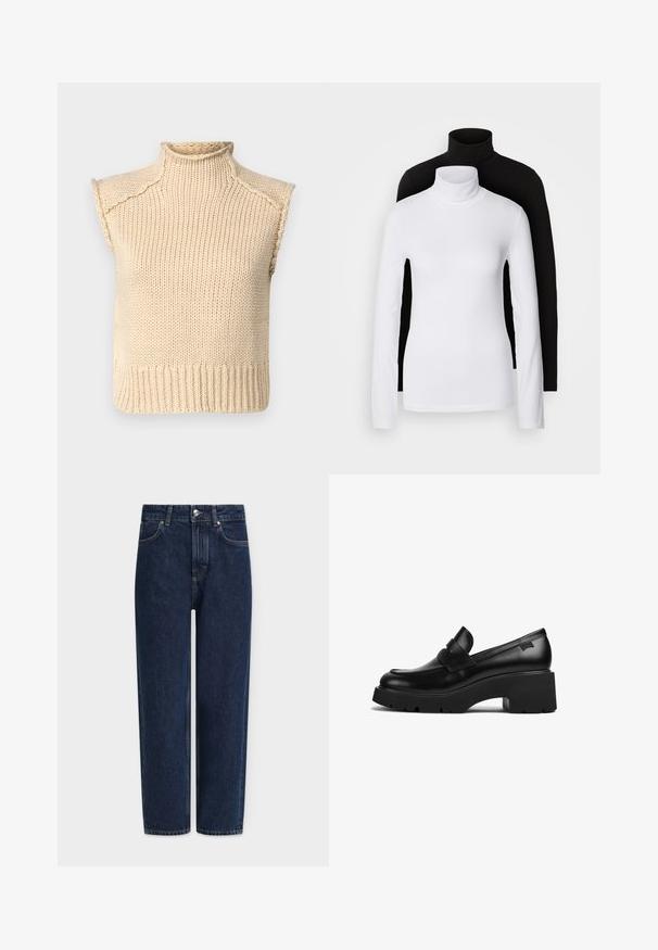 Beige ærmeløs højhalset sweater lavet af ribstrikket materiale, med et struktureret mønster og en tætsiddende talje.; To sæt langærmede turtleneck toppe, en hvid og en sort, lavet af et glat, strækbart stof, begge med slim-fit design og høje kraver.; Mørkeblå denimjeans med lige ben, høj talje, sølvfarvede detaljer, forlommer og subtile syningsdetaljer. Klassisk design med fem lommer.; Sorte læder loafers med chunky hæl, tyk sål og en remdetalje henover, vist fra siden på en hvid baggrund.