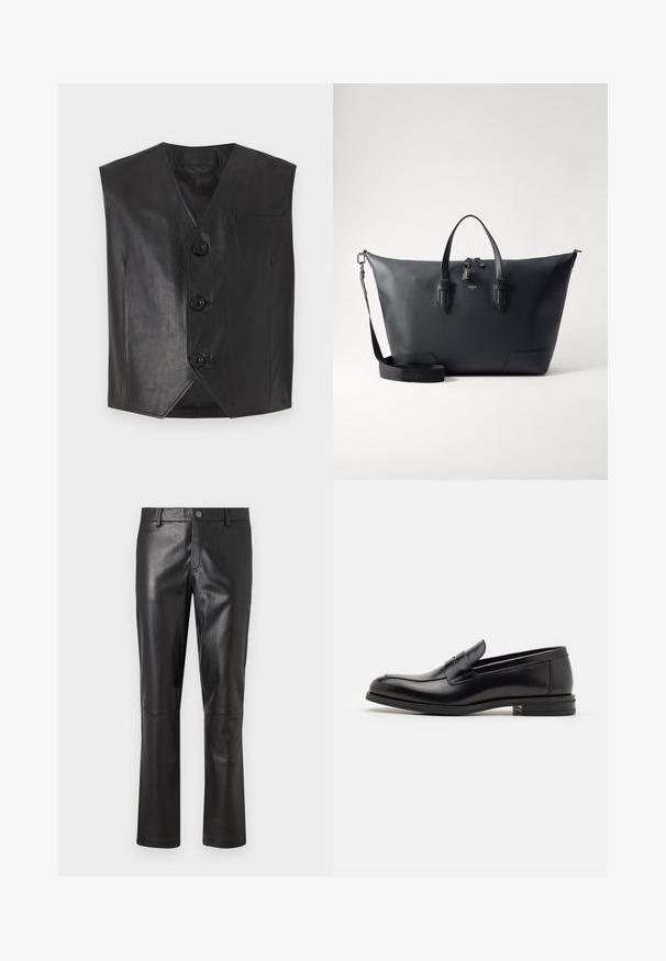 Čierna kožená vesta s dizajnom do V, s tromi prednými gombíkmi a náprsnom vreckom. Hladká textúra a bezrukávový strih.; Biely dlhý rukáv termálna blúzka s rebrovanou textúrou, okrúhlym výstrihom a manžetami. Čistý dizajn bez vzorov alebo ďalších detailov.; Čierne kožené nohavice s hladkou textúrou, rovnými nohavicami a jemným prešívaním pozdĺž švov. Vybavené zapínaním na gombík v páse.; Čierne kožené mokasíny s hladkou textúrou, zaoblenou špičkou a dekoračným pásikom cez priehlavok. Nízky vrstvený opätok, minimalistický dizajn.; Lancel CHARLIE UNISEX - Kufrík - black