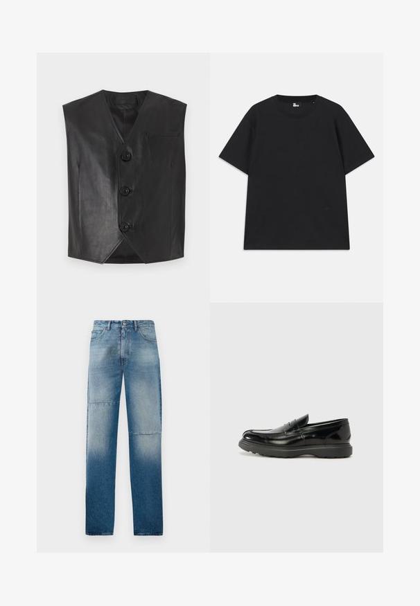 Černá kožená vesta s výstřihem do V, která má tři přední knoflíky a náprsní kapsu. Hladký povrch a bezrukávový střih.; Černé tričko s krátkým rukávem z bavlny, s kulatým výstřihem a malým logem poblíž lemu. Hladká textura, běžný střih.; Světle modré džíny z denimu se střihem rovné nohy, vybledlým washem a dvěma vodorovnými švy. Obsahují pět kapes a zapínání na knoflík.; Černé kožené mokasíny s lesklým povrchem, kulatou špičkou, nenápadnými švy a silnou gumovou podrážkou pro odolnost.