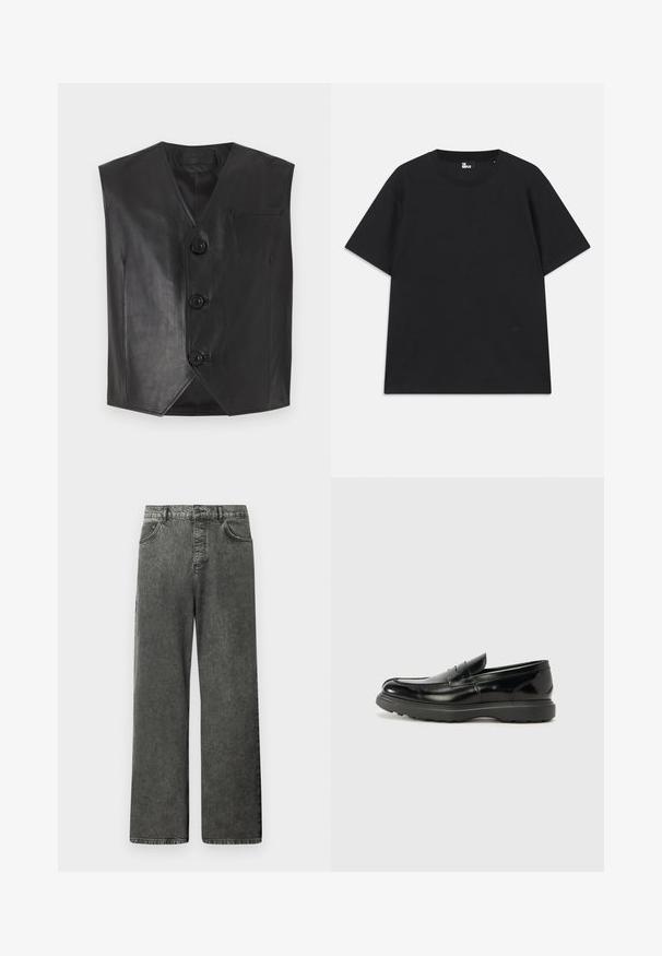 Juodas odinis liemenė su V formos iškirpte, turinti tris priekinėms mygtukams ir krūtinės kišenę. Sklandžiai tekstūruota ir be rankovių.; Juoda trumpomis rankovėmis marškinėliai iš medvilnės, su apvalia iškirpte ir mažo logo detale šalia apatinės siūlės. Lygus paviršius, standartinė silueto forma.; Juodos plataus pjūvio džinsinės kelnės su kišenėmis priekyje ir gale, diržo kilpelėmis ir mygtuko užsegimu juosmens srityje.; Juodas odinis loaferis su blizgiu paviršiumi, apvaliu pirštu, subtiliais siūlių detalėmis ir storu guminio pado, užtikrinančio ilgaamžiškumą.