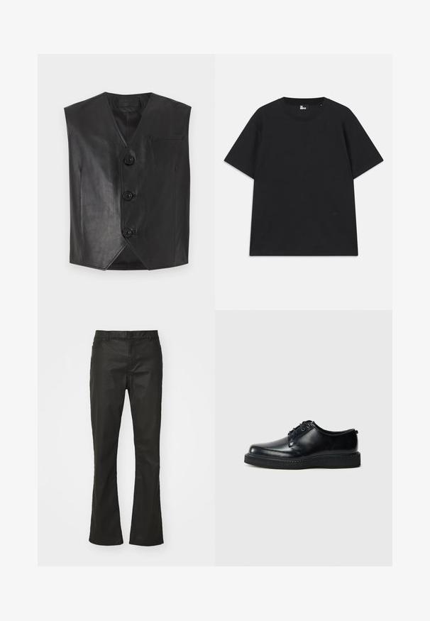 Czarna skórzana kamizelka z dekoltem w serek, z trzema guzikami z przodu i kieszenią na piersi. Gładka faktura i bezrękawnikowy krój.; Czarna koszulka z krótkim rękawem wykonana z bawełny, z okrągłym dekoltem i małym detalem logo blisko dolnej krawędzi. Gładka faktura, standardowy krój.; Czarne dżinsy rozszerzające się na dole, wykonane z tkaniny bawełnianej, z zapięciem na guzik, pięcioma kieszeniami i delikatnym połyskiem na fakturowanej powierzchni.; Czarne skórzane buty sznurowane z zaokrąglonym noskiem, gładkim wykończeniem i czarną, teksturowaną gumową podeszwą. Minimalistyczny design bez widocznych wzorów.