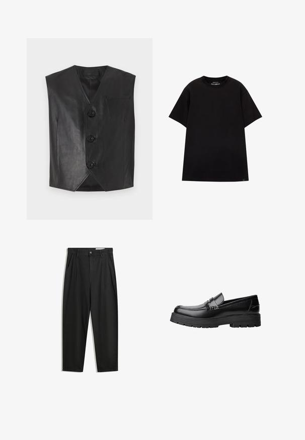 Črni usnjeni telovnik z V-izrezom, ki ima tri sprednje gumbe in žep na prsih. Gladko teksturo in brezrokavni kroj.; PULL&BEAR JOIN LIFE - Navadna majica - black; Črne bombažne hlače s sproščenim krojem, ki vključujejo klasičen pas, sprednje gube in stranske žepke. Gladka tekstura brez vzorcev.; Črne usnjene loafersice s debelim profiliranim podplatom in dekorativnim pasom čez zgornji del, prikazane v levem stranskem profilu na beli podlagi.